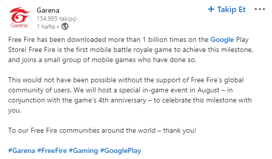 Garena Free Fire Exceeded 1 Billion Downloads on Play Store!